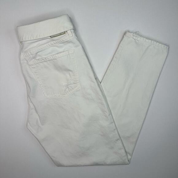 Jean Atelier Foldover High Waist Distressed Cream Denim Jeans - Picture 1 of 10
